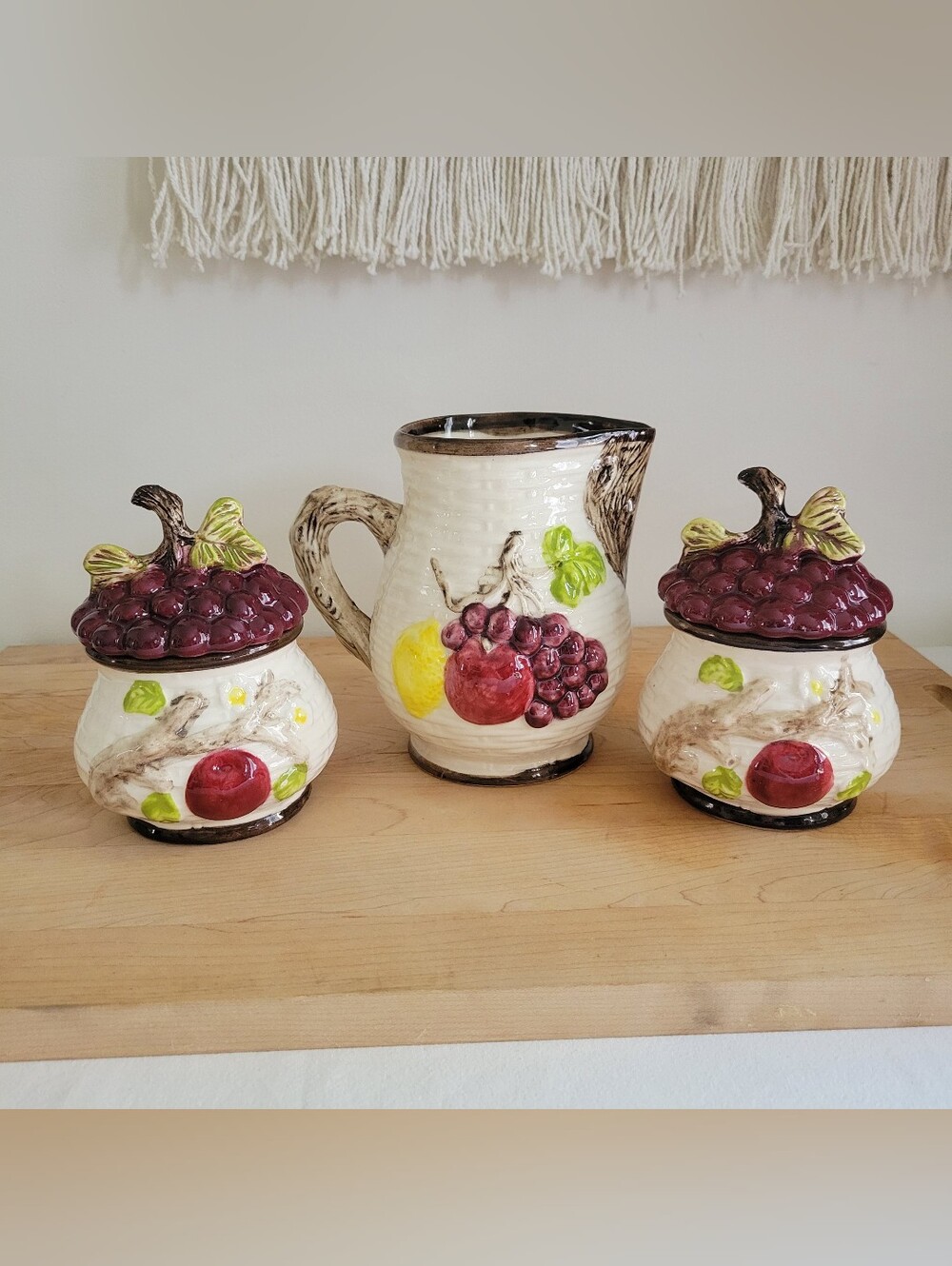 Vintage Son Miguel Majolica Style Fruit Canister Set & Pitcher – 3 Piece